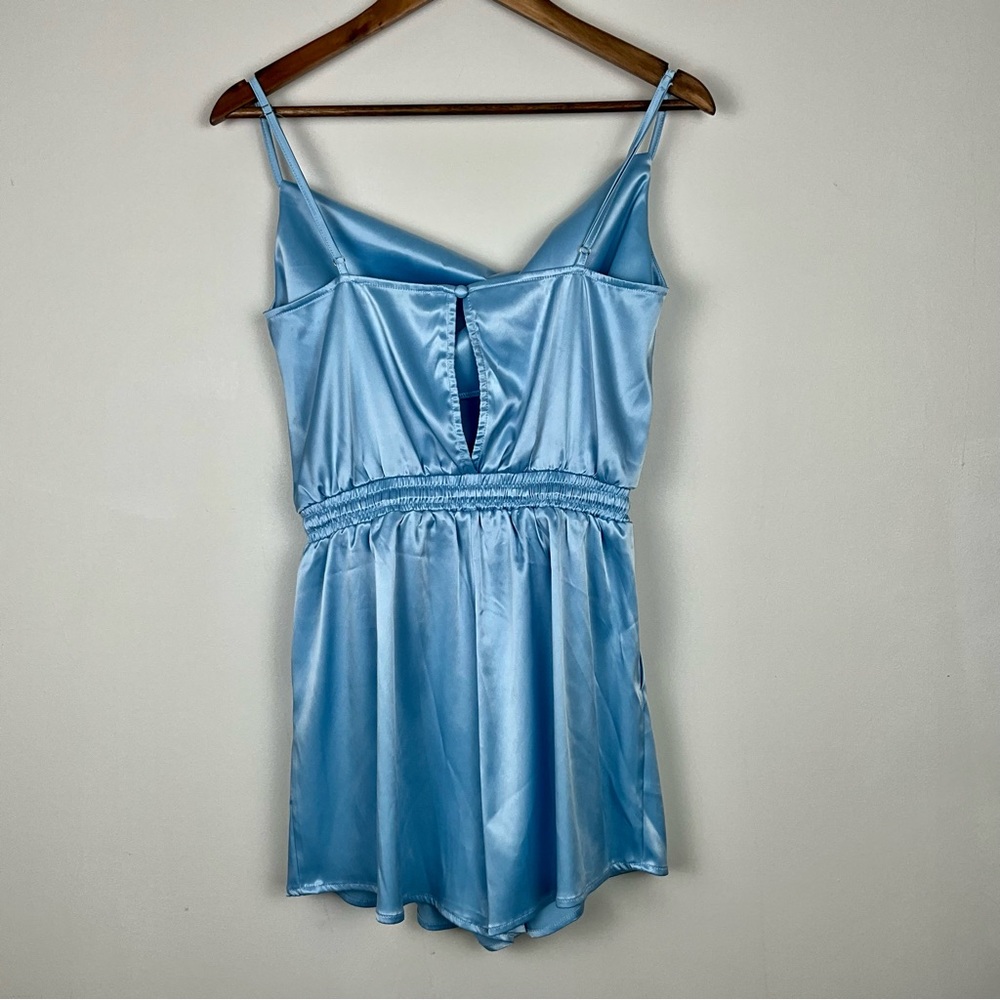 AKIRA women’s blue Slip satin Romper tie-front, elastic waist band Size S NWOT‎ - Picture 2 of 16
